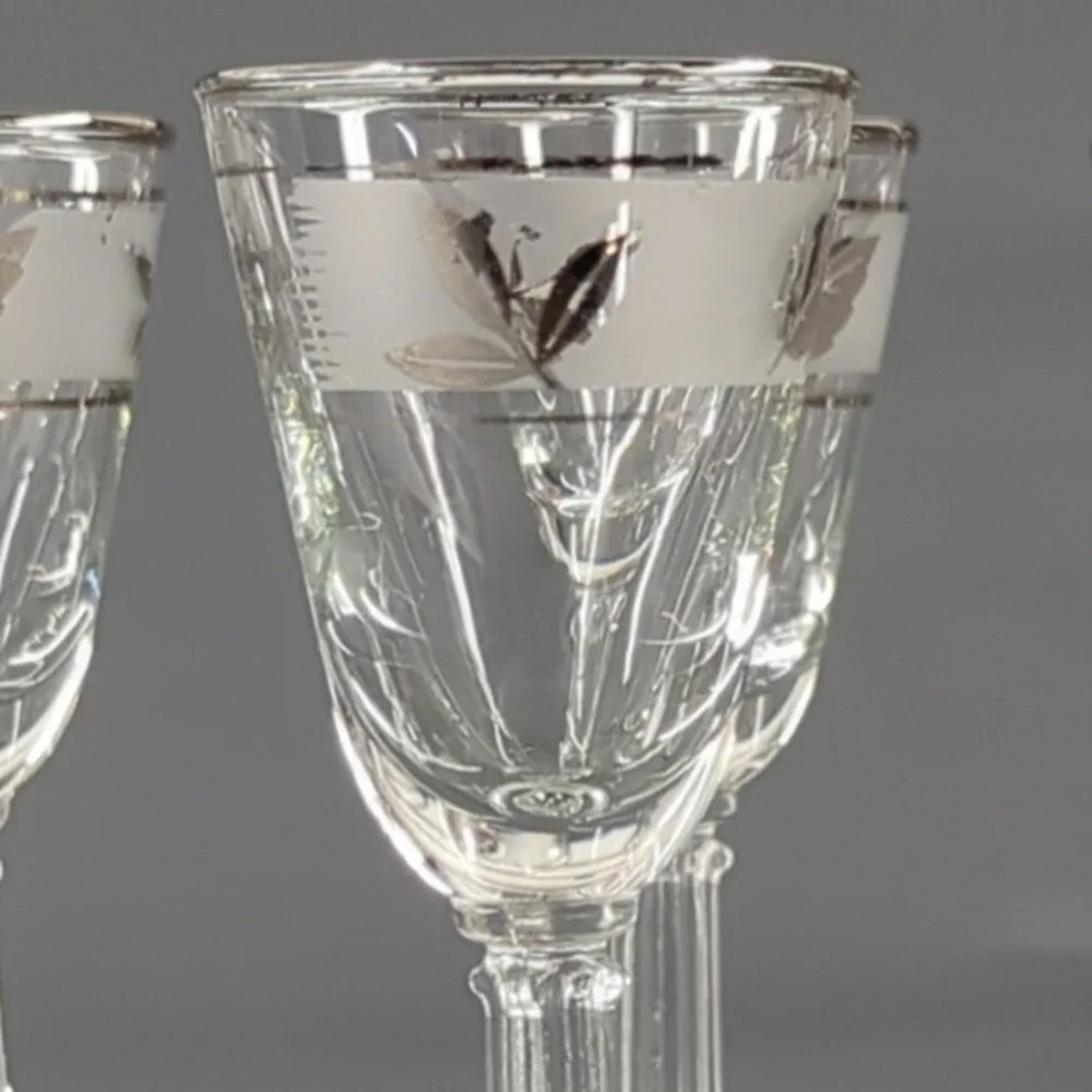 Vintage Silver Leaf Frosted Cordial Glasses Set of 5 Stemmed Liqueur Glassware